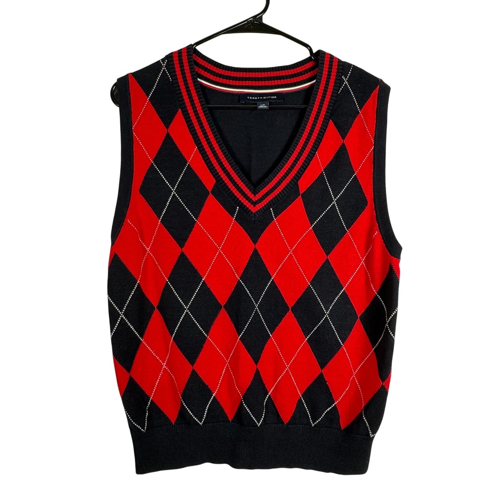 Tommy Hilfiger Mens Argyle Sweater V-neck Vest Navy Red L Academia Golf Preppy